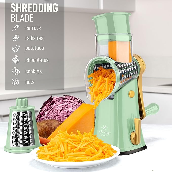 Zulay Kitchen Rotary Cheese Grater 5 Blade Cheese Shredder - Manual Hand Crank Cheese Grater With Reinforced Suction & 5 Interchangeable Drums - Easy to Use, Vegetable Chopper Round Mandoline Slicer