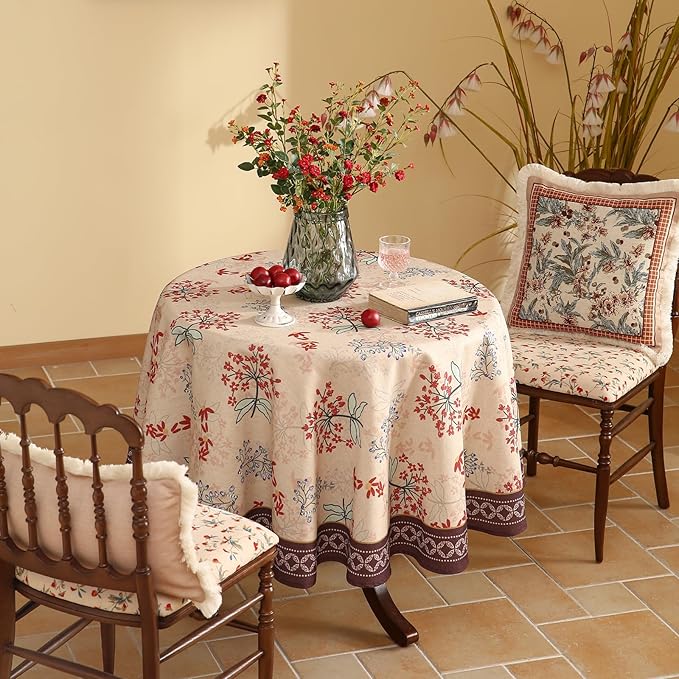 patdrea Designer Floral Linen Table Cloth Durable Breathable Tabletop Cover Dacorative Kitchen Dining Tablecloth for Round Tables for Kitchen Dining Parties,Holiday Christmas,Diameter 67"