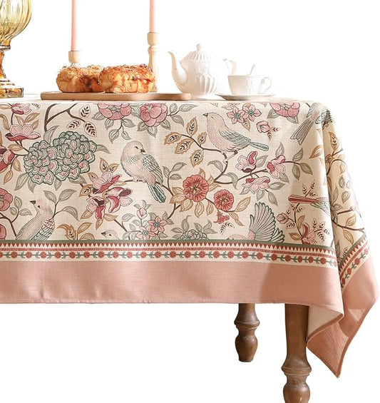 patdrea Designer Pink Linen Table Cloth for Rectangle Table,Vintage Floral with Birds Pattern Decorative Tablcloth,French Table Cover for Kitchen Dining,Thanksgiving,Christmas,55"x79"-Kulom a