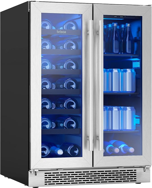 Zephyr Brisas 24 Inch Wine Fridge Dual Zone Under Counter Countertop Wine and Beverage Cooler Cabinet Home Bar Drink Beer Freestanding Refrigerator with French Door 21 Bottles 64 cans