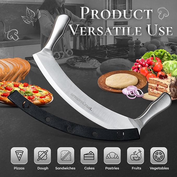 Mezzaluna Knife with Double Handle for Extra Stability - 12 Inches - Pizza Rocker for Precise Slicing of Thick Crust - Grade 18/0 Stainless Steel with Premium Finish