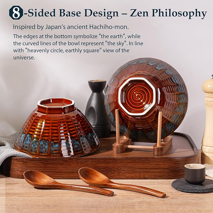 NUTRIUPS Ceramic Ramen Bowl Set of 2 Noodles Bowl with Chopsticks and Spoons, 50oz Large Ramen Bowl- Peacock Tail