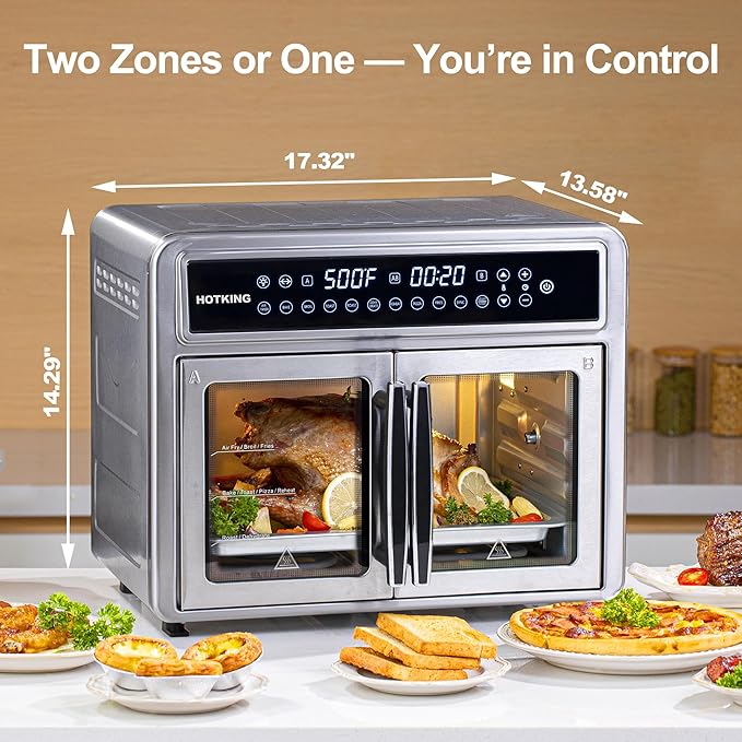 HotKing Dual-Zone Air Fryer Toaster Oven Combo, 28 QT Extra Large, Non Toxic Stainless Steel Convection Oven with French Door, Countertop Airfryer with Window, Racks, Rotisserie, Dehydrator, ETL Rated