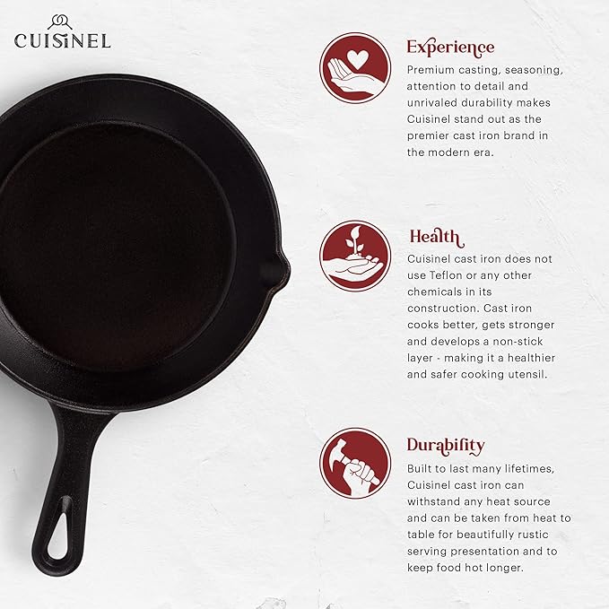 Cuisinel Cast Iron Skillet with Lid - 8"-Inch Frying Pan + Glass Cover + Silicone Grip Handle Holder - Pre-Seasoned Cookware - Indoor/Outdoor, Grill, Stovetop, Camping Fire, Induction Oven Use