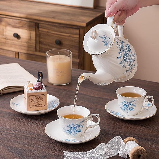 tea cups and saucers ceramic coffee mug 6oz for Coffee, Latte, Cafe Mocha and Tea-Set of 4,Blue