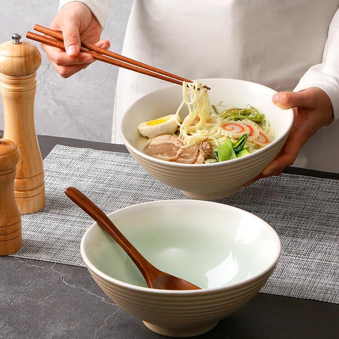 NUTRIUPS 8 Inch Ceramic Ramen Bowl Set of 2 Pho Bowls 40oz Japanese Noodle Udon Soup Bowls with Spoons and Chopsticks (Teal)