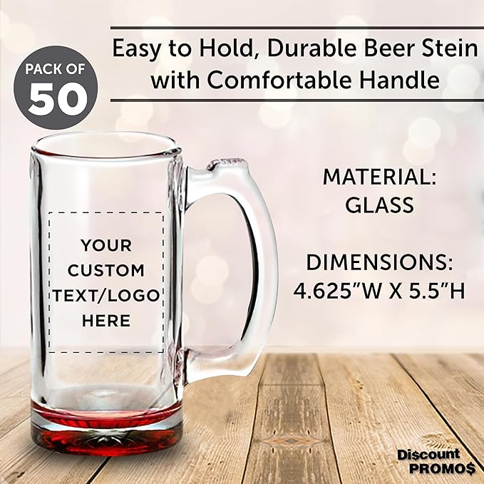 50 Libbey Beer Mugs Set, 12 oz. - Customizable Text, Logo - Groomsmen Glassware - Red