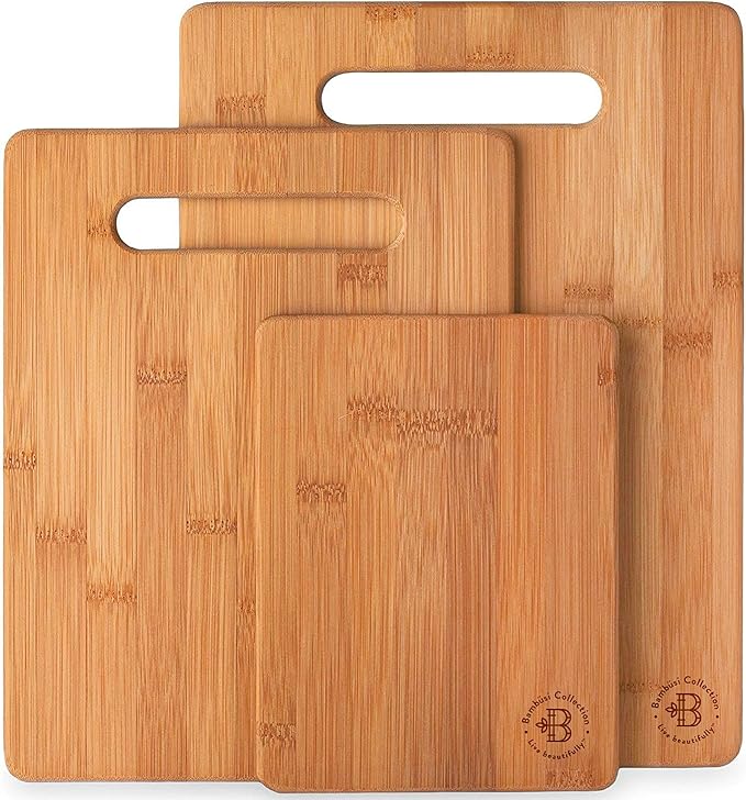Bamboo Cutting Boards for Kitchen [Set of 3] Wood Cutting Board for Chopping Meat, Vegetables, Fruits, Cheese, Knife Friendly Serving Tray with Handles, 3 Piece Large, Medium, Small Size for Food Prep