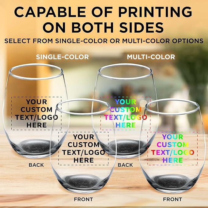 Custom Stemless Wine Glass 9 oz. Set of 50, Personalized Bulk Pack - Great for Wedding Favors, Bachelorette Party Decorations, Party Favors, Color Bottom - Black