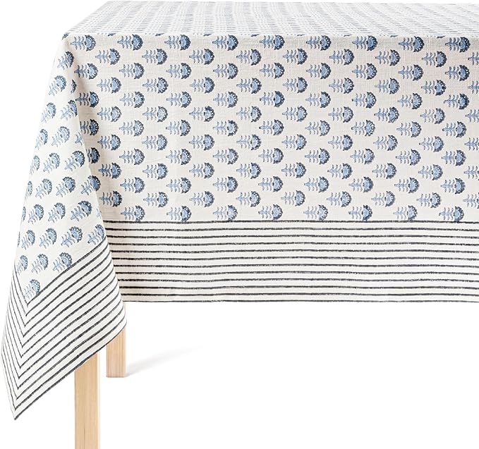 over&back Hand-Screened Tablecloth - Dining Table Cover - Each Tablecloth is Unique - 100% Cotton - Machine Washable - Kitchen and Home Decor - Blue Flower - 70x90
