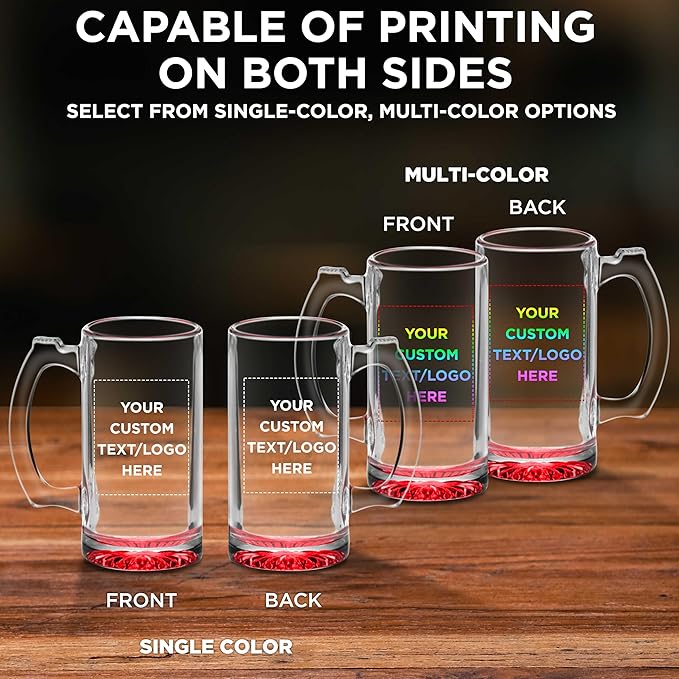 50 Libbey Beer Mugs Set, 12 oz. - Customizable Text, Logo - Groomsmen Glassware - Red