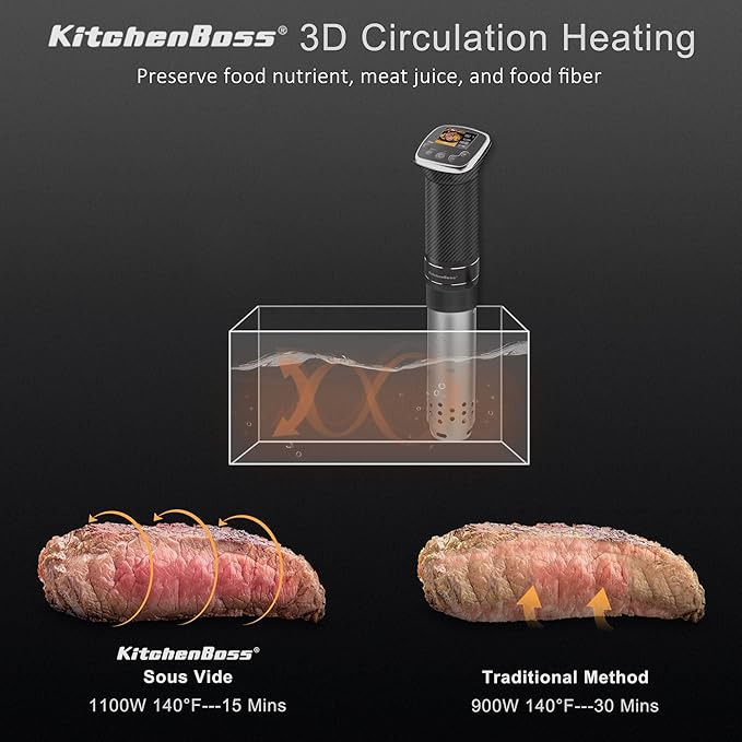 KitchenBoss Sous Vide Cooker Machine: Ultra-quiet Sous Vide Precision Cooker Built-in TFT Color Recipes, 1100W Sous-vide Immersion Circulator, Brushless Motor IPX7 Waterproof Stainless Steel