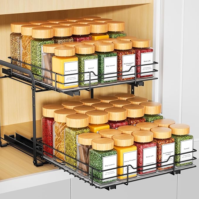 RCHYFEED Spice Organization for Cabinet,2 Tier Pull out Spice Rack Organizer for Inside Cabinets & Pantry, Slide out Heavy Duty Spice Shelf Rack for Kitchen Seasoning (11.5" Wx10.5 Dx9.5 H)