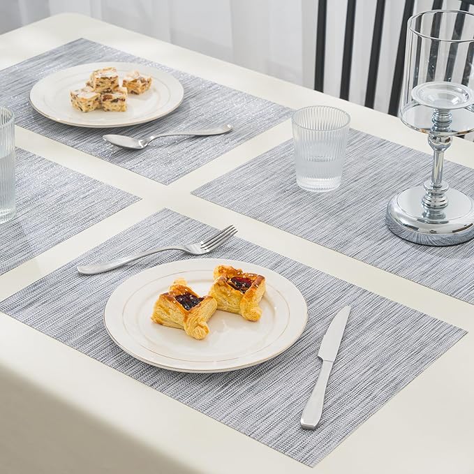BACKTOEDEN Placemats Set of 12 Heat Resistant Washable Wipeable Placemats Woven Non-Slip Foldable Vinyl/Plastic Placemat Indoor/Outdoor Place Mats Kitchen Dining, Gray Silver Line