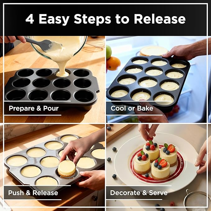 Wrenbury Pro Mini Cheesecake Pans Removable Bottom 12 Hole - Heavy Gauge Carbon Steel Non Stick Pan Loose Bottom Springform - 3 Inch Small Individual Cheesecakes Tin - PFOA Free