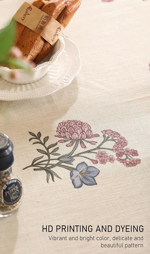 French Tablecloth for Round Tables,Linen Table Cloth with Colorful Flowers Pattern,Heavy Durable Table Cover for Dining Thanksgiving Kitchen Decor Party Christmas,Diameter 55"