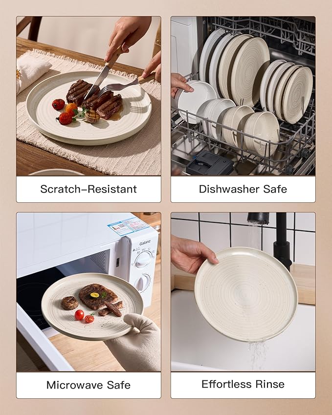 Stoneware Dinnerware Sets, Plate and Bowl Sets for 4, 12 Pieces Spiral Flared Dishware Set with Speckles & Reactive Glaze - Microwave and Dishwasher Safe Tableware, Shell Beige