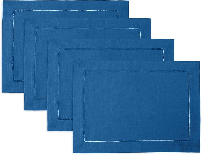 Solino Home Linen Placemats Set of 4 - Classic Hemstitch Indigo Blue Placemats 14 x 19 Inch - 100% Pure Linen Table Mats for Fall, Autumn, Christmas, Holiday, Winter