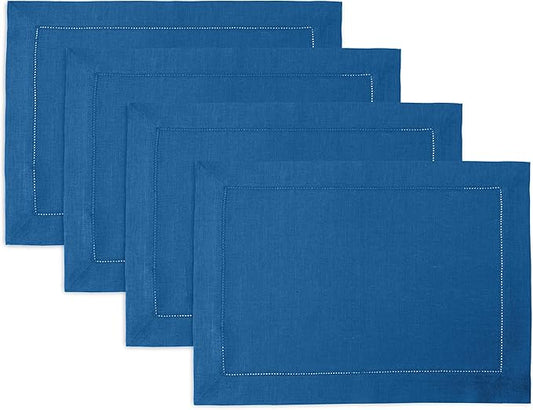 Solino Home Linen Placemats Set of 4 - Classic Hemstitch Indigo Blue Placemats 14 x 19 Inch - 100% Pure Linen Table Mats for Fall, Autumn, Christmas, Holiday, Winter