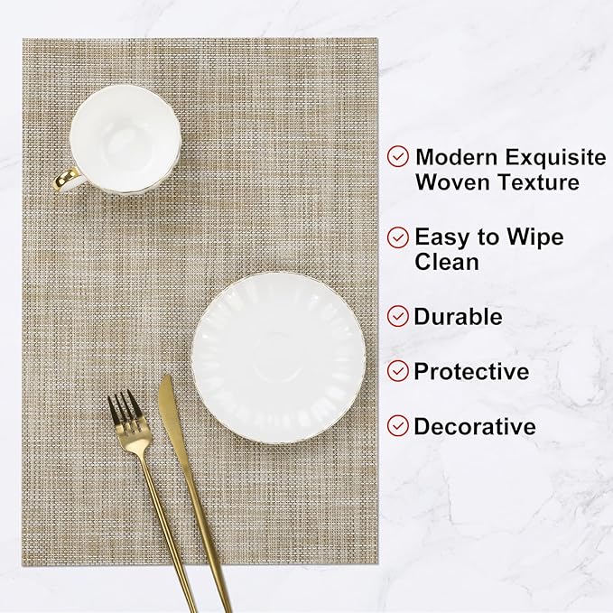 SHACOS Easy Clean Placemats Set of 4 Woven Vinyl Reversible Plastic Place Mats Heat Resistant Stain Resistant Dining Table Mats Indoor Outdoor Table Decor, Beige
