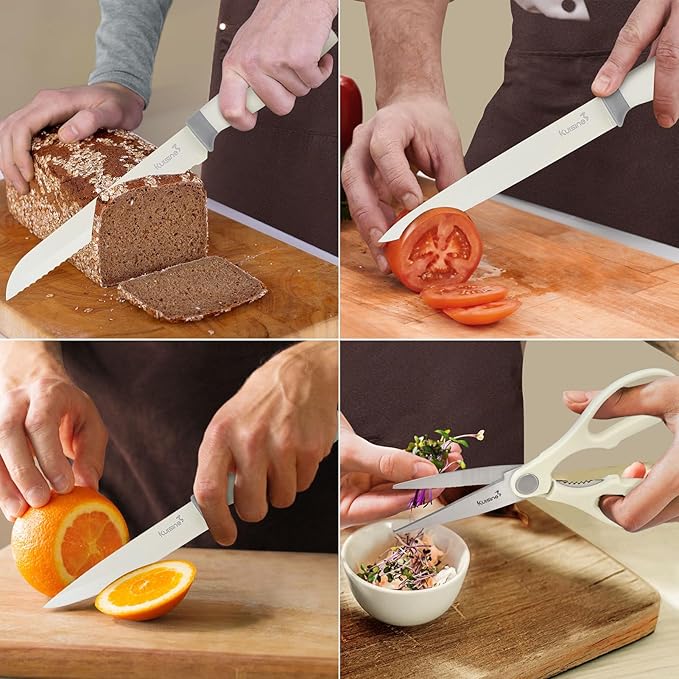 Kuisine Premium kitchen Knife Set with block,High Carbon Stainless Steel Forged,Ergonomic Non-slip Handle Knife Block Set(6PCS,Ivory)