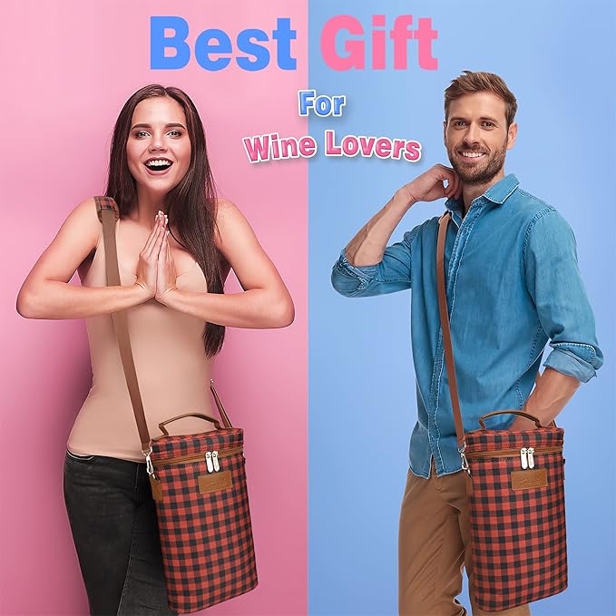 Tirrinia 2 Bottle Wine Gift Tote Carrier - Leakproof & Insulated Padded Versatile Cooler Bag for Travel, BYOB Restaurant, Tasting, Party, Dinner - Gift for Lovers, Red Checker
