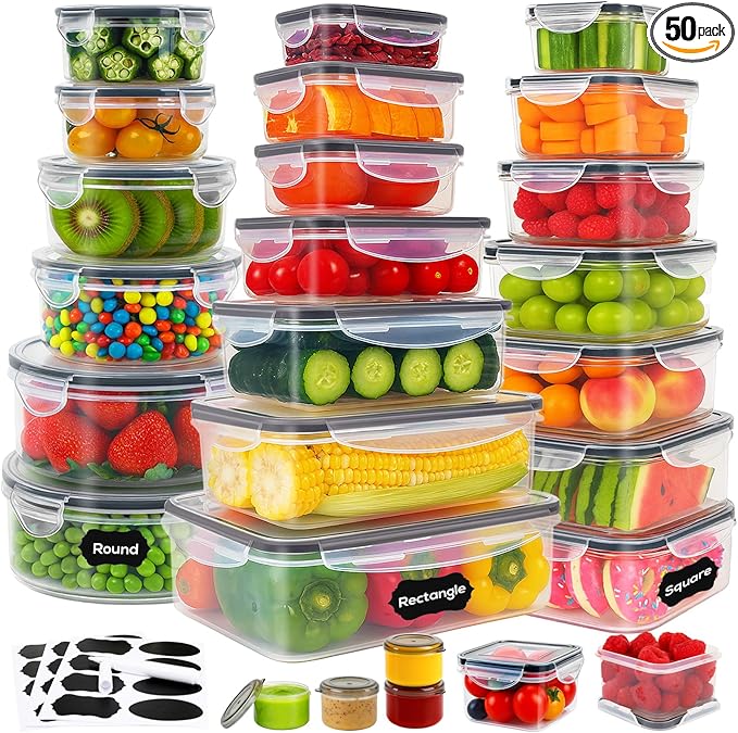 50 PCS Food Storage Containers with Lids, Clear Stackable Airtight Leakproof Reusable Plastic Meal Prep Container Set for Kitchen Storage/Lunch, Fridge/Microwave Safe with Labels&Pen