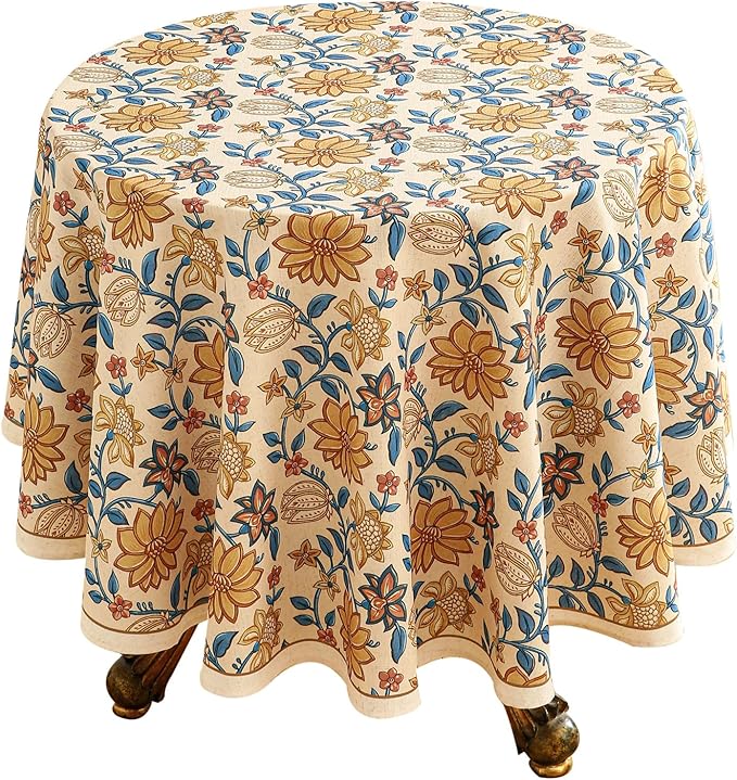 French Tablecloth for Round Tables,Linen Table Cloth with Yellow Flowers Pattern,Heavy Durable Table Cover for Dining Thanksgiving Kitchen Decor Party Christmas,Diameter 67"
