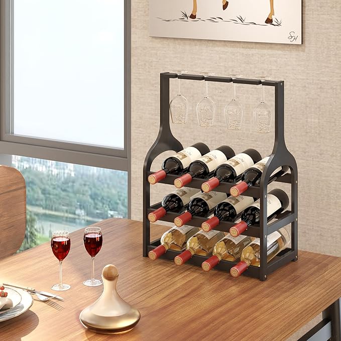 Wine Rack Countertop for 12 Wine Bottles and 4 Glass Holder, Small Bamboo Free Standing Racks Tabletop Display, Wooden Wine Storage Organizer for Cabinet Pantry Kitchen Bar Home Dining Room (Black)