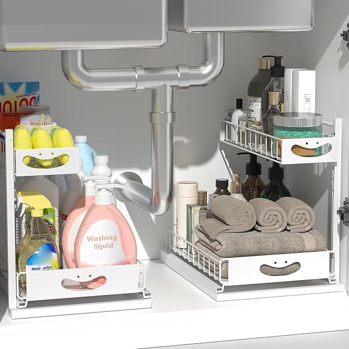 Under Sink Organizer with Pull-Out Drawers,Kitchen Sink Organizer,2 Tier Bathroom Organizers And Storage,Bathroom Accessories Set,White 1 Pack