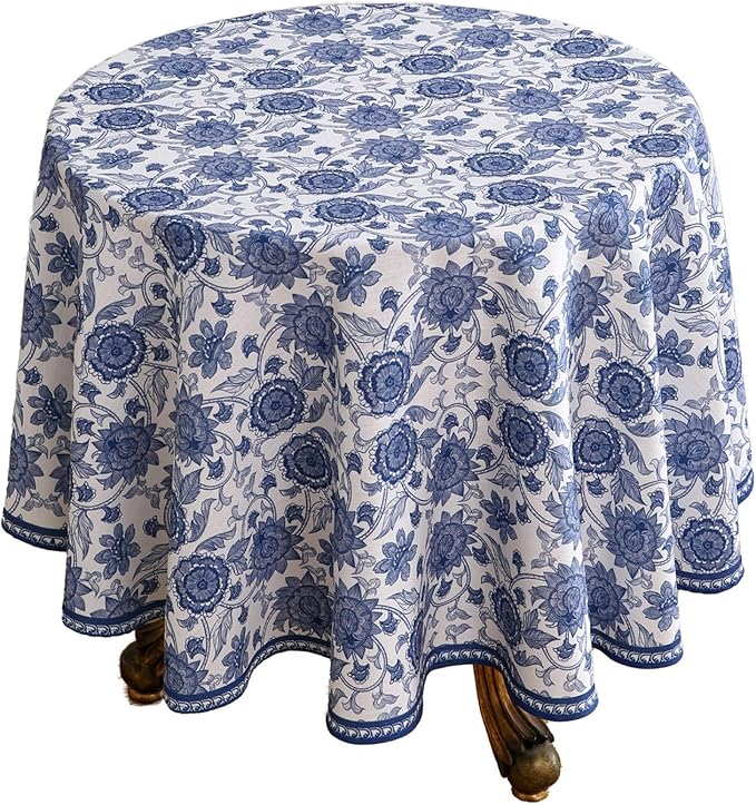 patdrea Designer Blue Tablecloth for Round Tables,Vintage Elegant Linen with Paisley Floral Pattern Tablecloths,Farmhouse Flower Table Cover Cloth Decor for Kitchen Dining Christmas,Diameter 55"