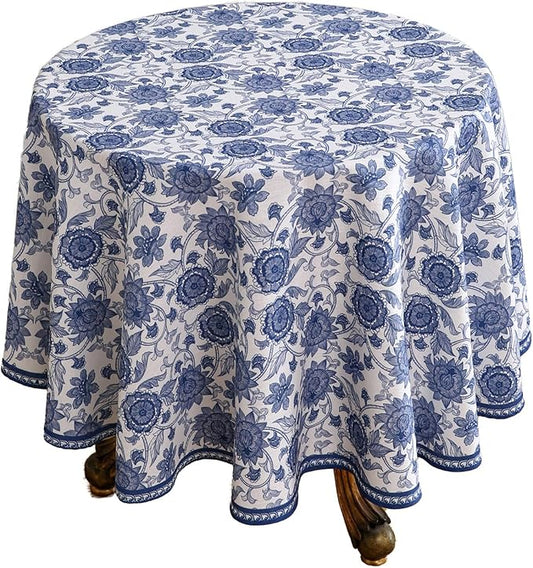 patdrea Designer Blue Tablecloth for Round Tables,Vintage Elegant Linen with Paisley Floral Pattern Tablecloths,Farmhouse Flower Table Cover Cloth Decor for Kitchen Dining Christmas,Diameter 55"