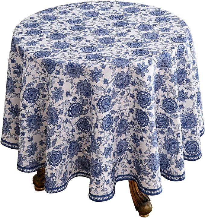 patdrea Designer Blue Tablecloth for Round Tables,Vintage Elegant Linen with Paisley Floral Pattern Tablecloths,Farmhouse Flower Table Cover Cloth Decor for Kitchen Dining Christmas,Diameter 67"