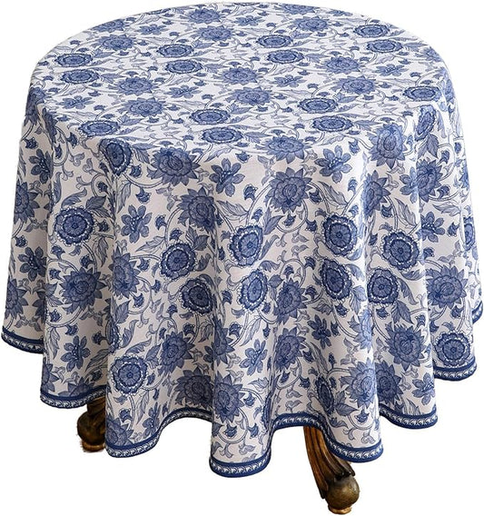 patdrea Designer Blue Tablecloth for Round Tables,Vintage Elegant Linen with Paisley Floral Pattern Tablecloths,Farmhouse Flower Table Cover Cloth Decor for Kitchen Dining Christmas,Diameter 67"