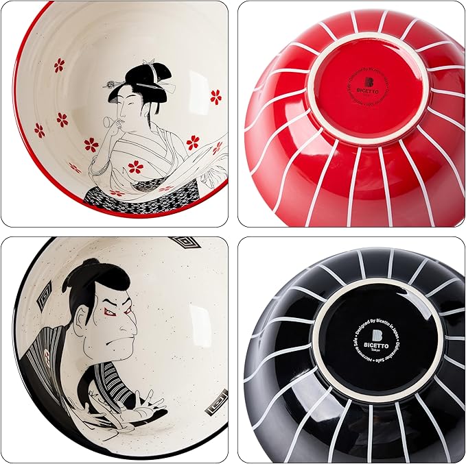 Ramen Bowl Set 45oz, 8inch, Japanese Ukiyo-e Design - Perfect for Ramen, Pho, and Noodles-Durable Ceramic Bowls, Microwave & Dishwasher Safe-Ramen Noodle Bowl Set (Samurai & Geisha)