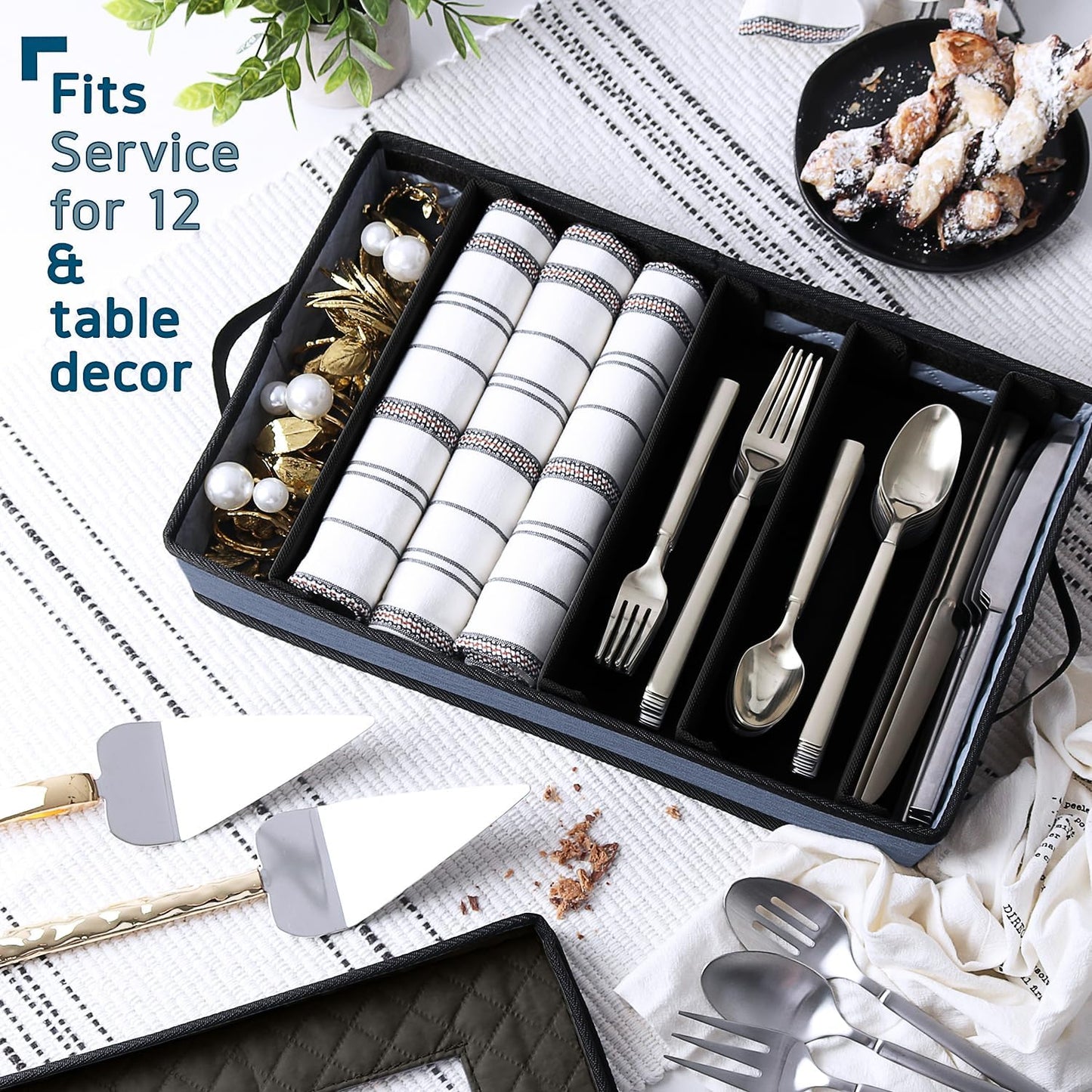 Flatware & Utensil Storage, Durable Silverware Storage Box with Padded Dividers, 5 Compartment Flatware Storage Case, Silverware Case with Handles, Protects and Organizes Cutlery, Blue