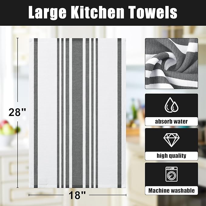 Homaxy Premium Kitchen Towels 18”x 28”, Large Cotton 380 GSM Kitchen Hand Towels, Stripe and Terry Dish Towel, Highly Absorbent Tea Towel Set with Hanging Loop, 6 Pack, Black