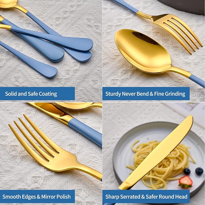 20-Piece Grey blue & Gold Silverware Set, 18/0 Stainless Steel Colorful Handle Flatware Set,Service for 4,Modern Cutlery Set Includes Dinner Knives Forks Spoons,Mirror Polished,Dishwasher Safe