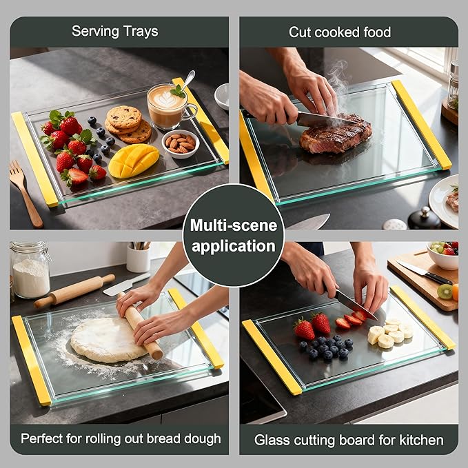 Tempered Glass Cutting Board Set for Kitchen Counter - Dishwasher Safe with Juice Grooves, Non-Slip Silicone Edges & Beveled Grip - 16"x12" & 12"x8" Serving Tray (Yellow)