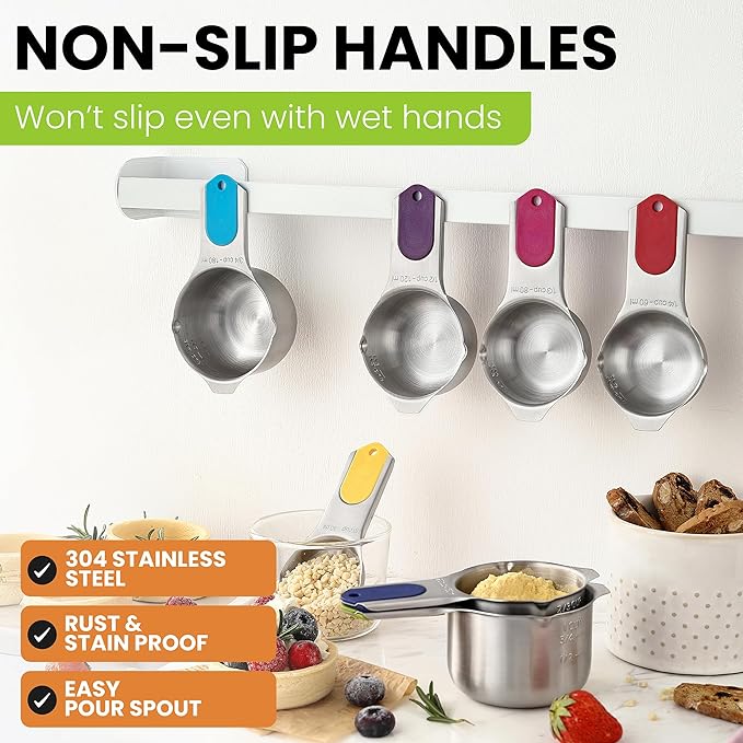 Spring Chef Magnetic Stainless Steel Measuring Cups, Patented, Kitchen Tools with Easy to Read Markings for Measuring Dry or Liquid Ingredients, Set of 7, Multicolor
