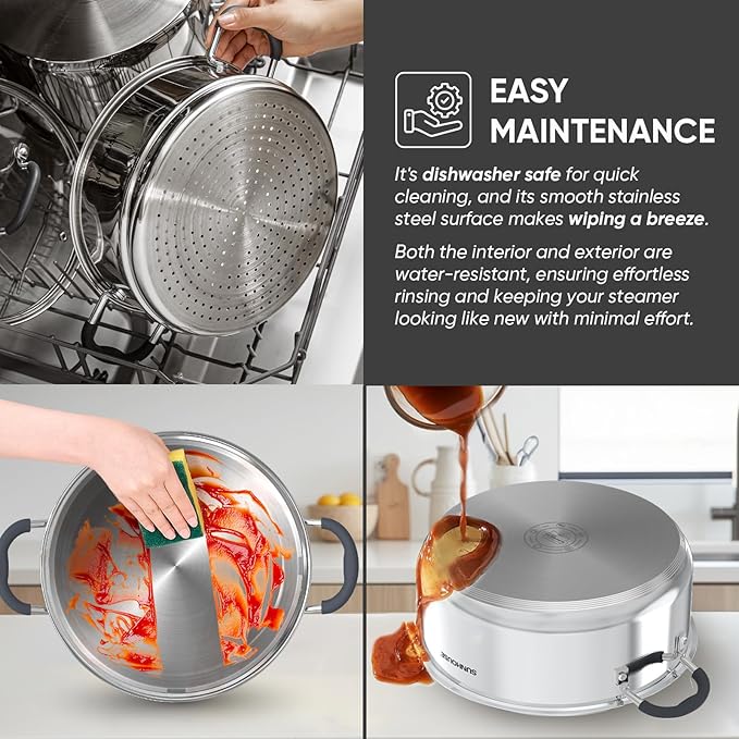 SUNHOUSE - 5.5 Quart Steamer Pots With Lid 2-Tier Multipurpose Stainless Steel Steaming Pot Cookware With Handle For Vegetable, Dumpling, Sauce, Food - Triple Bottom, Measurement Line