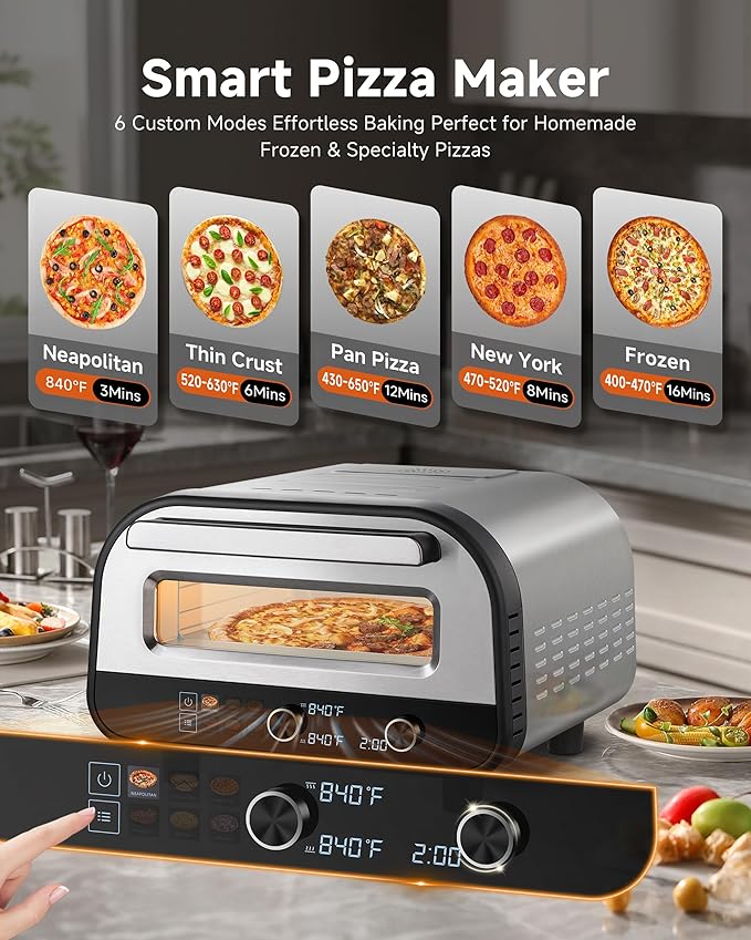 Upgraded Pizza Oven Heats up to 840°F Makes 12 Inch Pizzas in 90 Seconds Countertop Electric Pizza Maker with 6 Touchscreen Presets Pizza Stone & Peel Included - Stainless Steel