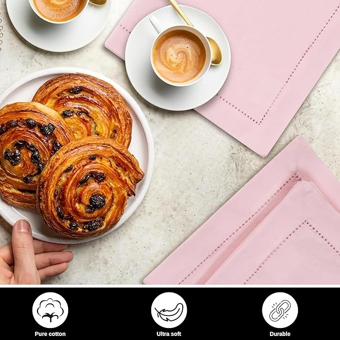 Bedding Craft Cotton Cloth Dinner Napkins Set of 12 – 18x18 Chalk Pink Hemstitched – Reusable Machine Washable Fabric Napkins for Weddings, Easter, Thanksgiving & Christmas