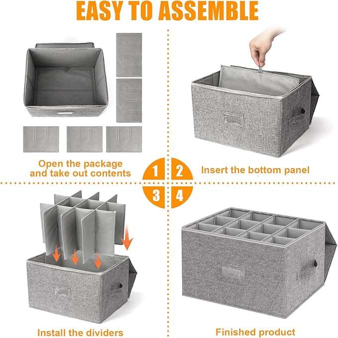 Wine Glass Storage Box 2-Pack, Stemware Container Cases, Stackable w/Hard Shell Top Sides Bottom, Moving Supplies, China Storage Containers for 24 Crystal Glasses Drinkware 9.2'' Tall, Grey