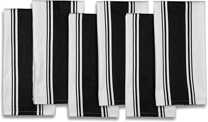 AMOUR INFINI Kitchen Towels 100% Cotton Pack of 6, Highly Absorbent Quick Drying Super Soft Premium Dish Towel for Kitchen with Hanging Loop Hand & Tea Towels - 20x28 Inch (Black)