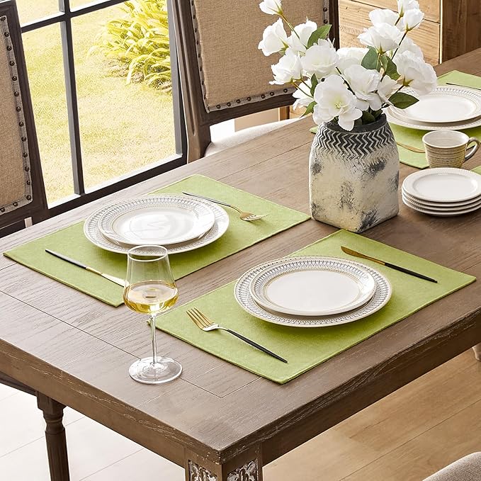 Romanstile Cloth Placemats Set of 6-12 x 18 Inch, Heat Resistant Double Layered Thickened Burlap Place Mats, Washable Faux Linen Farmhouse Table Mats for Kitchen/Dining/Party/Outdoor, Green