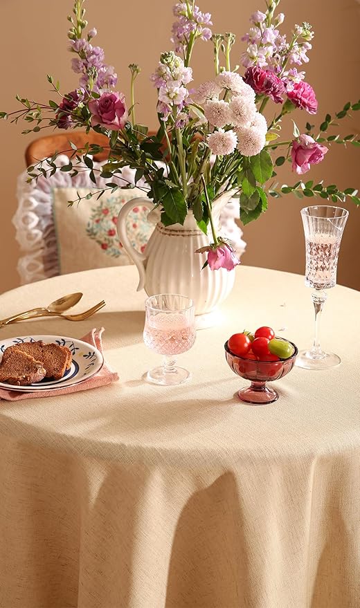 patdrea Designer Beige Tablecloth for Round Tables,Vintage Elegant French Linen with Trees and Kid Pattern Table Cloth,Farmhouse Table Cover Cloth Decor for Kitchen Dining Christmas,Diameter 67"
