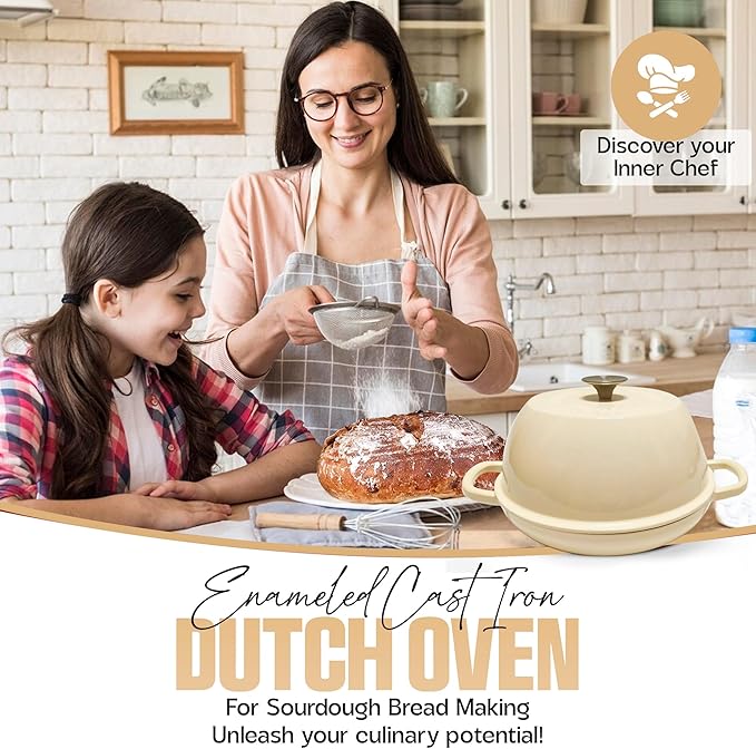 Enameled Cast Iron Dutch Oven Pot with Lid - Dutch Oven for Sourdough Bread Baking - With 5 Blade Bread Lame & Non-Stick Silicone Sling perfect for Sourdough Breads & more. Cast Iton Enamel Braiser Pan with Lid (WHITE, 6 Quart Sourdough Pot)