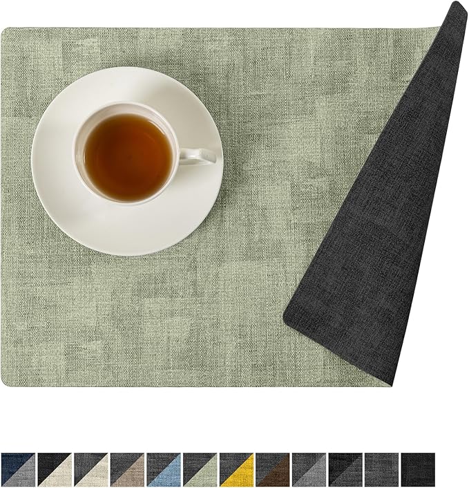 Romanstile Reversible Vinyl Placemats Set of 4, Faux Leather 100% Waterproof Oil-Proof Wipeable Place Mats, Heat Resistant Dual Sided Table Mats for Kitchen/Dining/Party (Grey Green, 12 x 17 Inch)