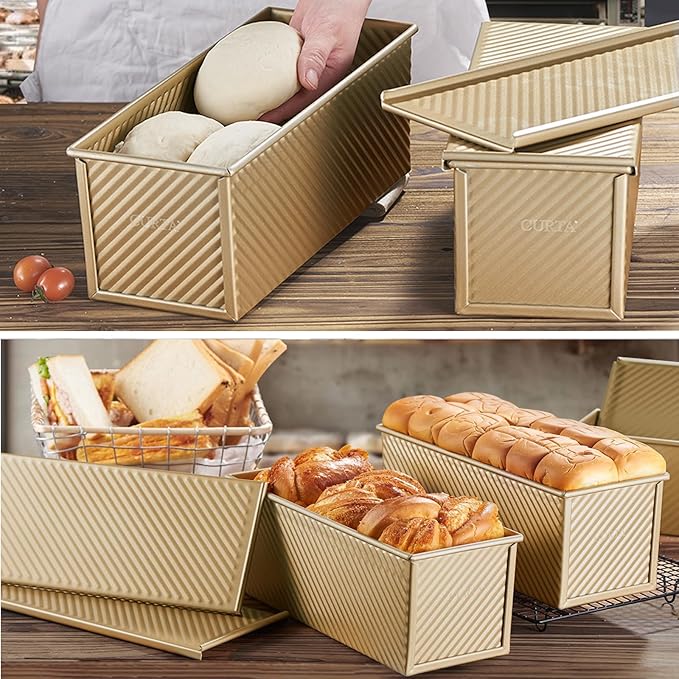 CURTA Commercial Pullman Loaf Pan with Lid 2.2 lb Dough Capacity Non-Stick Bakeware for Baking Bread Corrugated Bread Toast Mold extra large loaf pan Champagne Gold 1pcs